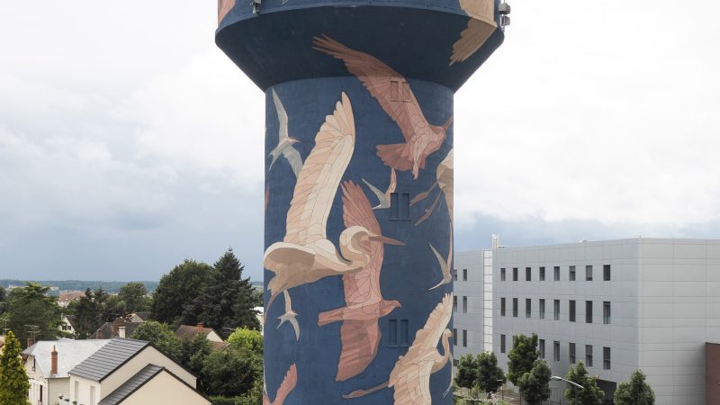 Vliegende visarenden, reigers en sterns omvatten een 35 meter lange watertoren-muurschildering door Taquen
